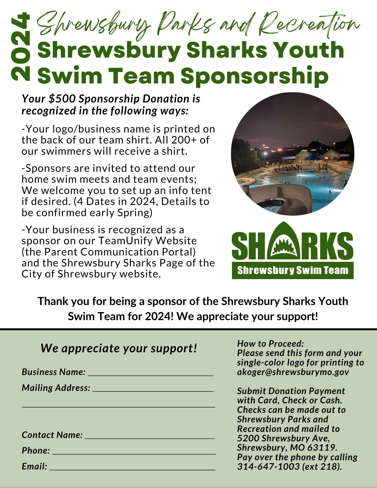 2024 Shrewsbury Sharks Swim Team Sponsorship BACK